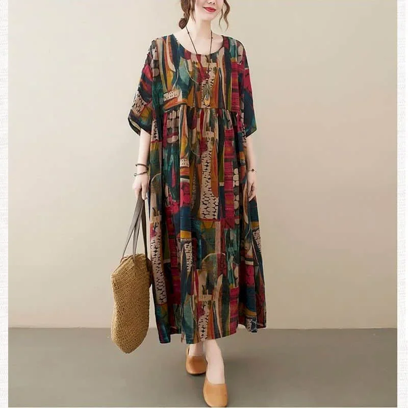 فساتين أدبية عتيقة تصميم الأزهار غير الرسمية نصف كم فضفاض س الرقبة الكورية نمط الكاحل طول فستان صيفي ملابس النساء