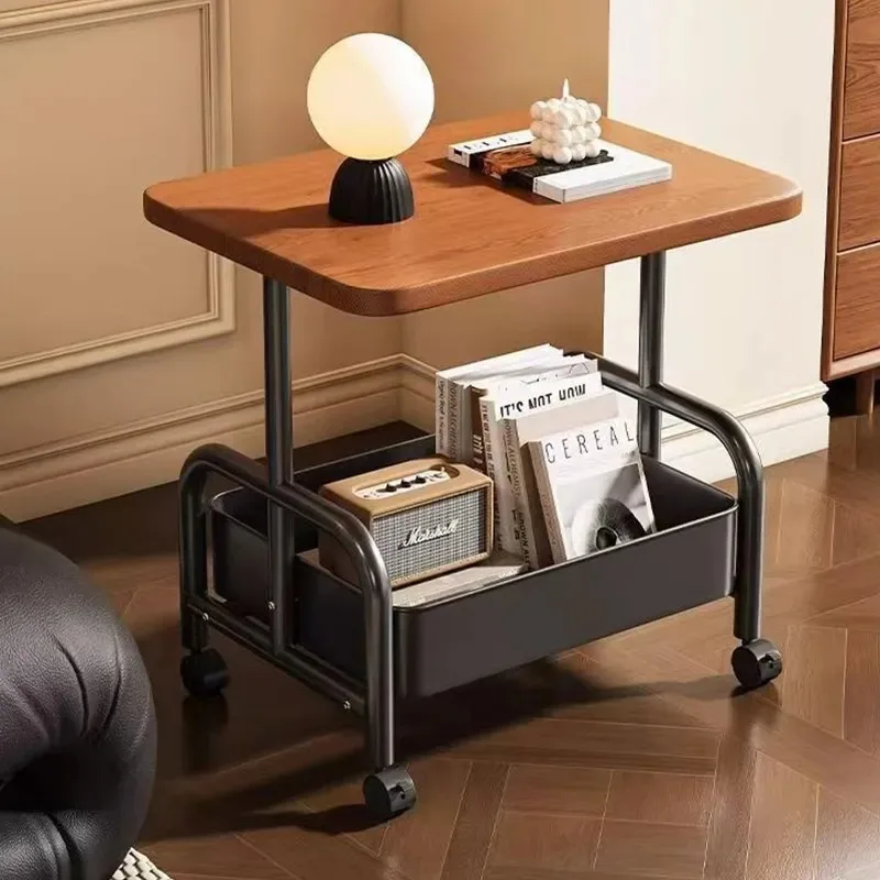 JMZ Storage Cart Carbon Steel Trolley with Walnut Edge for Home Living Room Light Luxury Movable Tea Table Shelf Organizer