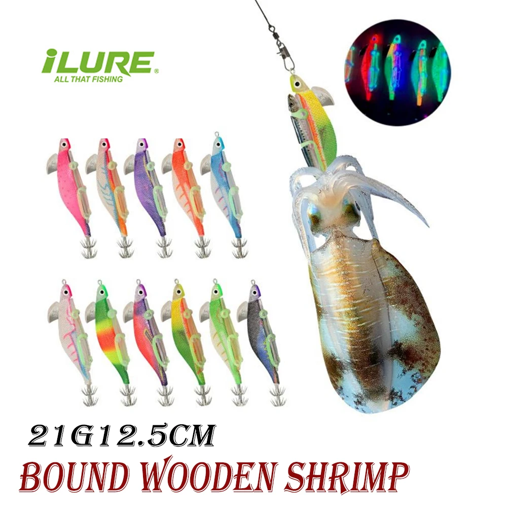 ILURE 2023 New Fishing Lure Egi Squid Jig Wood Shrimp 3.5# 21g 12.5cm Luminous Octopus Cuttlefish Squid Hook Jigging Bait Pesca