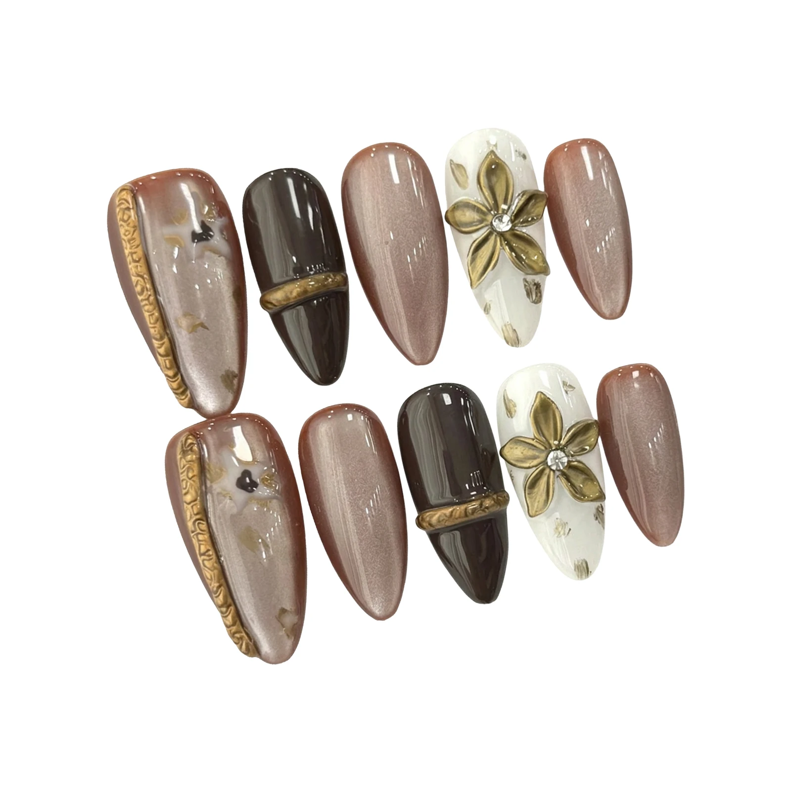 10pcs Bronze Brown 3D Floral Decor False Nails European Vintage Almond Handmade Press on Nails for Lady Women Wearable Reusable