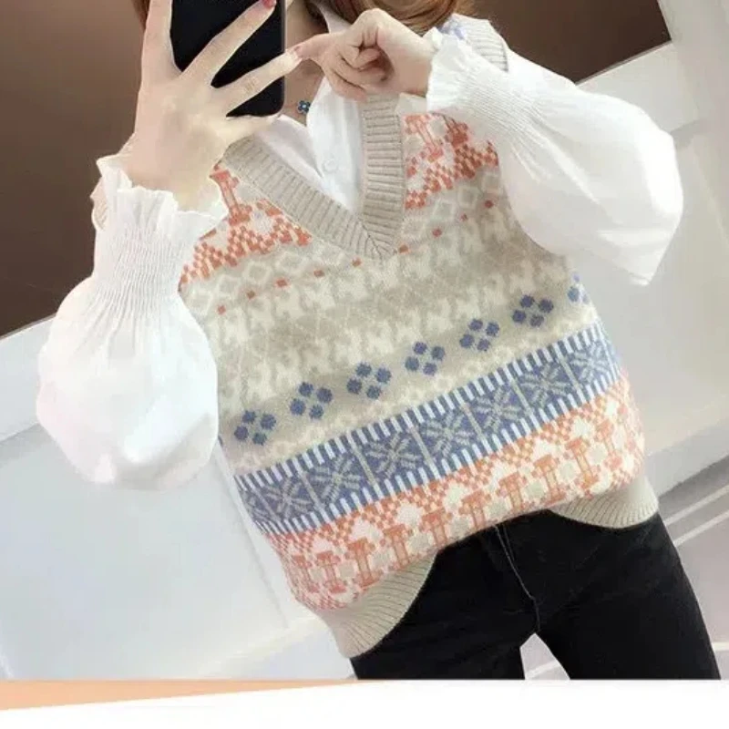 Women\'s Spring Autumn Turn-down Collar Solid Color Pullover Button Long Sleeve Shirt Sweater Knitted V-Neck Vest Casual Tops