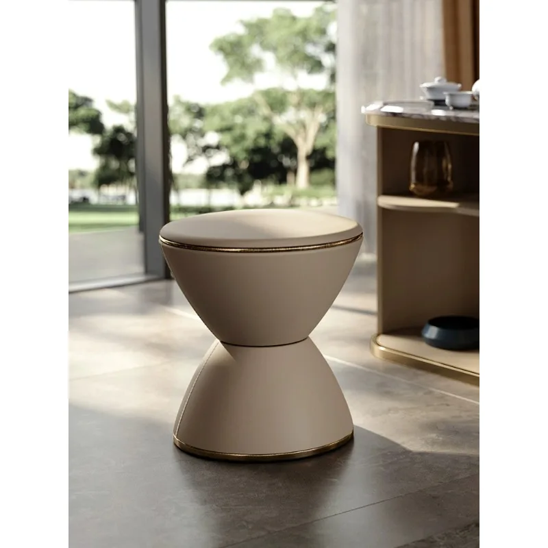 Light luxury simple stool Italian round full genuine leather stainless steel stool villa high-end modern simple tea stool