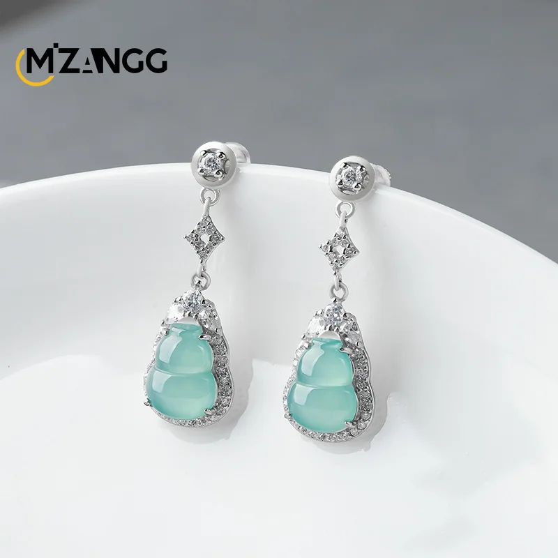 S925 Silver Inlaid with Natural Jadeite Blue Water Ear Drop Ice Kind of High-grade Luxury Women's Jade Ear Line Holiday Gift