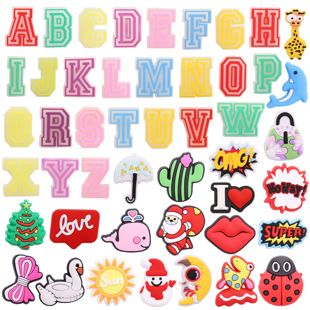 Mix 50pcs PVC Colorful 26 Letter Alphabet Dolphin Love Giraffe Astronaut Hole Slipper Decoration Shoe Accessories Bands Ornament