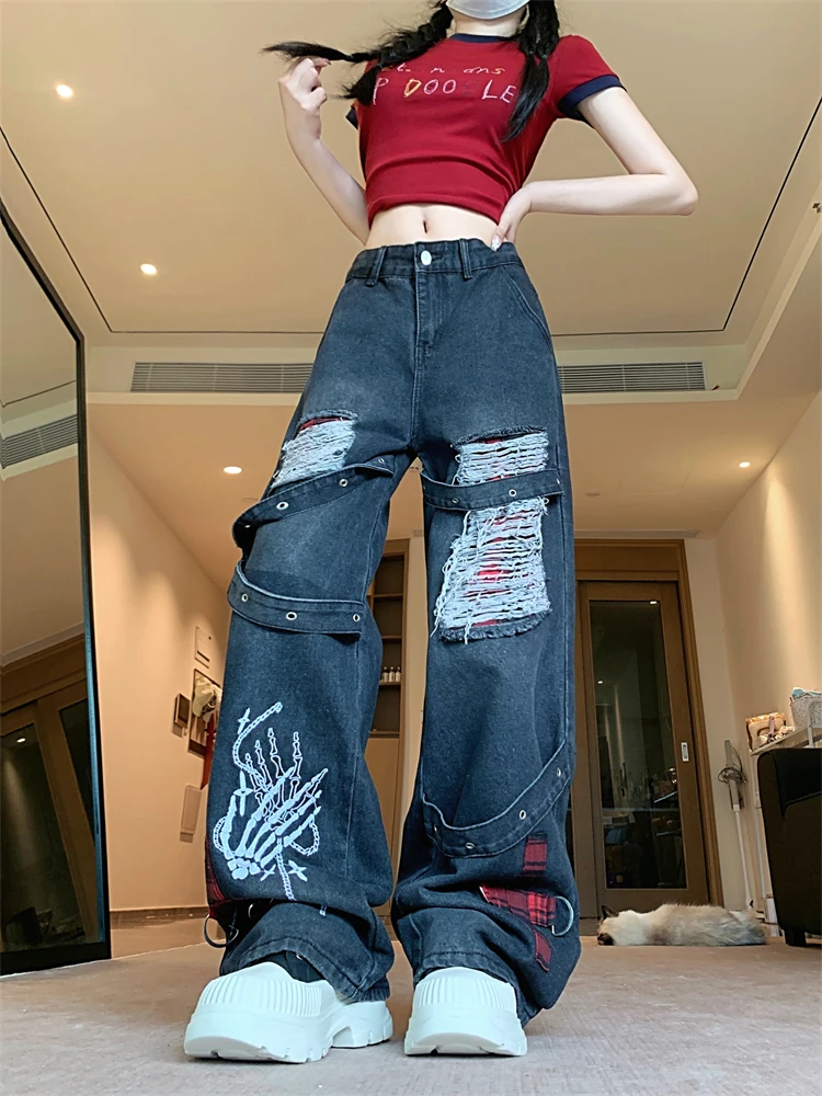 

Women's Broken Hole Patchwork Design Street Jeans Cool Girl Casual Bottoms Female Trousers High Waist Wide Leg Pants