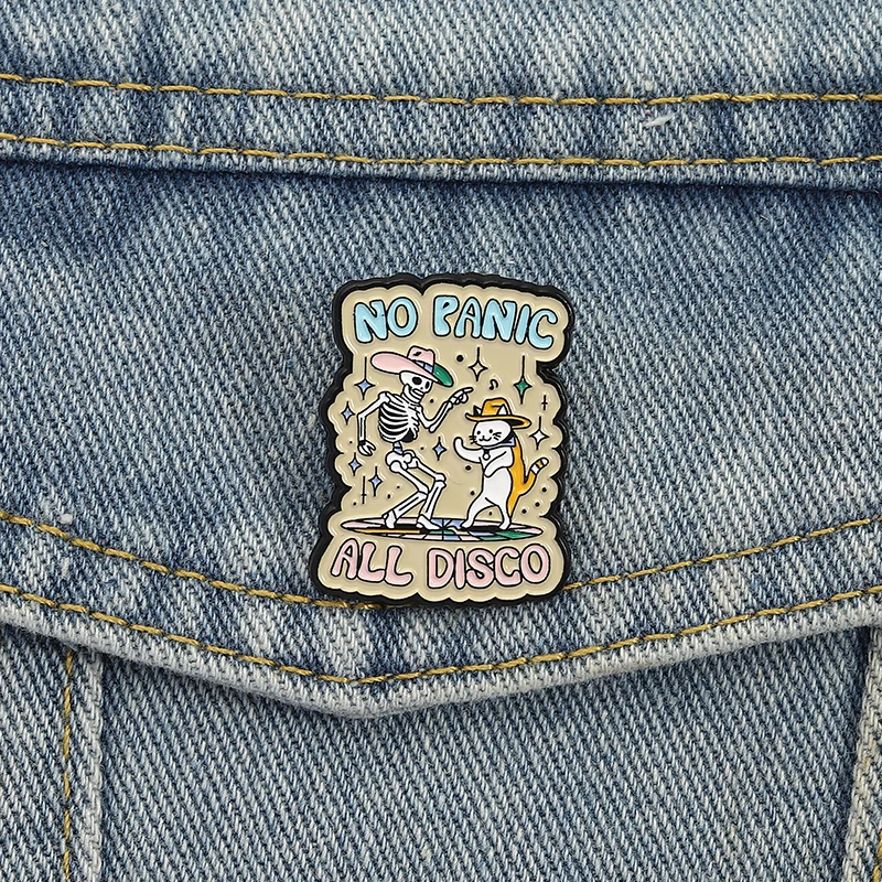 No Panic All Disco Pin Skeleton Cat Dancing Brooch Retro Dance Design Humorous Vintage Style for Backpack Decoration