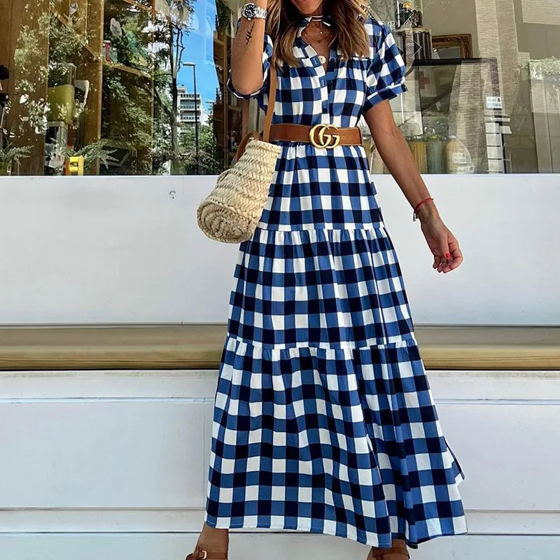 Elegant Casual Slim Women Dress Female Long Dress 2024 Summer Gingham Print Button V-neck High Waist Short Sleeve Dresses