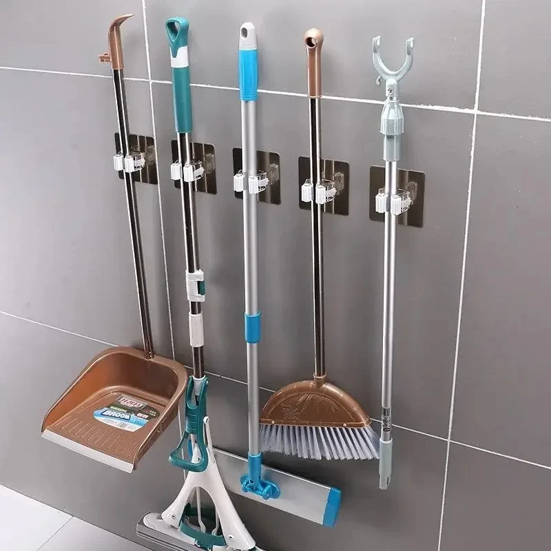 Multi-Purpose Hooks Punch-free Mop Holder Bathroom Shelf Wall-Mounted Mop Broom Hanger Self Adhesive Hooks Bathroom Storage