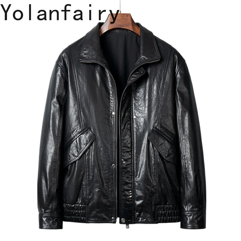 

YOLANFAIRY Top Layer Cowhide Coat Men Spring and Autumn Short 100% Genuine Leather Jacket Man Loose Men's Leather Jackets abrigo