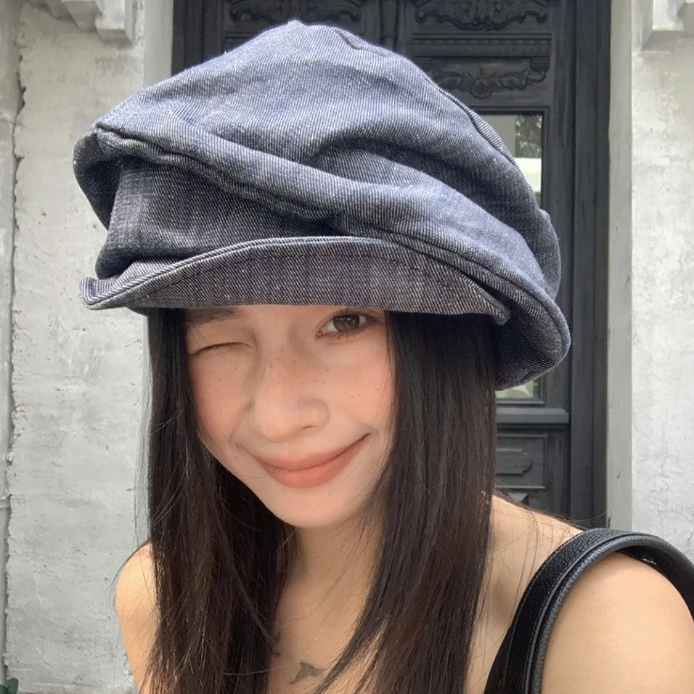 Mode Japanse Denim Baret Doek Wolk Achthoekige Cap Grote Hoofdomtrek Krantenjongen Geplooide Schilder Hoed Meisje