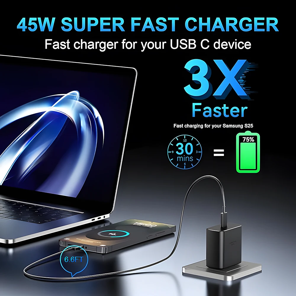 45W Super Fast Charger & USB-C Data Cable - Portable Adapter for Samsung for Galaxy S24/S23/S22/S25 Ultra/S21 Plus/Note 20