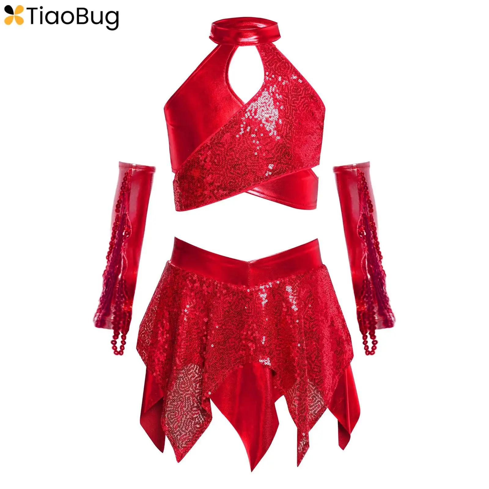 

Kids Girls 3 Piece Hip Hop Jazz Latin Ballroom Dance Outfits Sequins Halter Ballet Gymnastics Crop Tops with Skirt Gloves Set