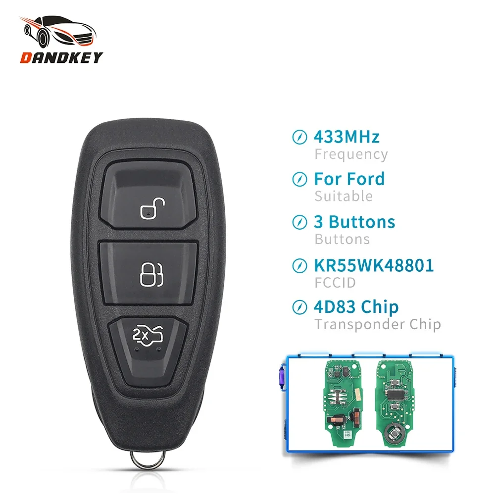 Dandkey Remote Control Key For Ford Focus C-Max Mondeo Kuga Fiesta B-Max 434/433MHz 4D83 Chip KR55WK48801 3 Buttons Car Key