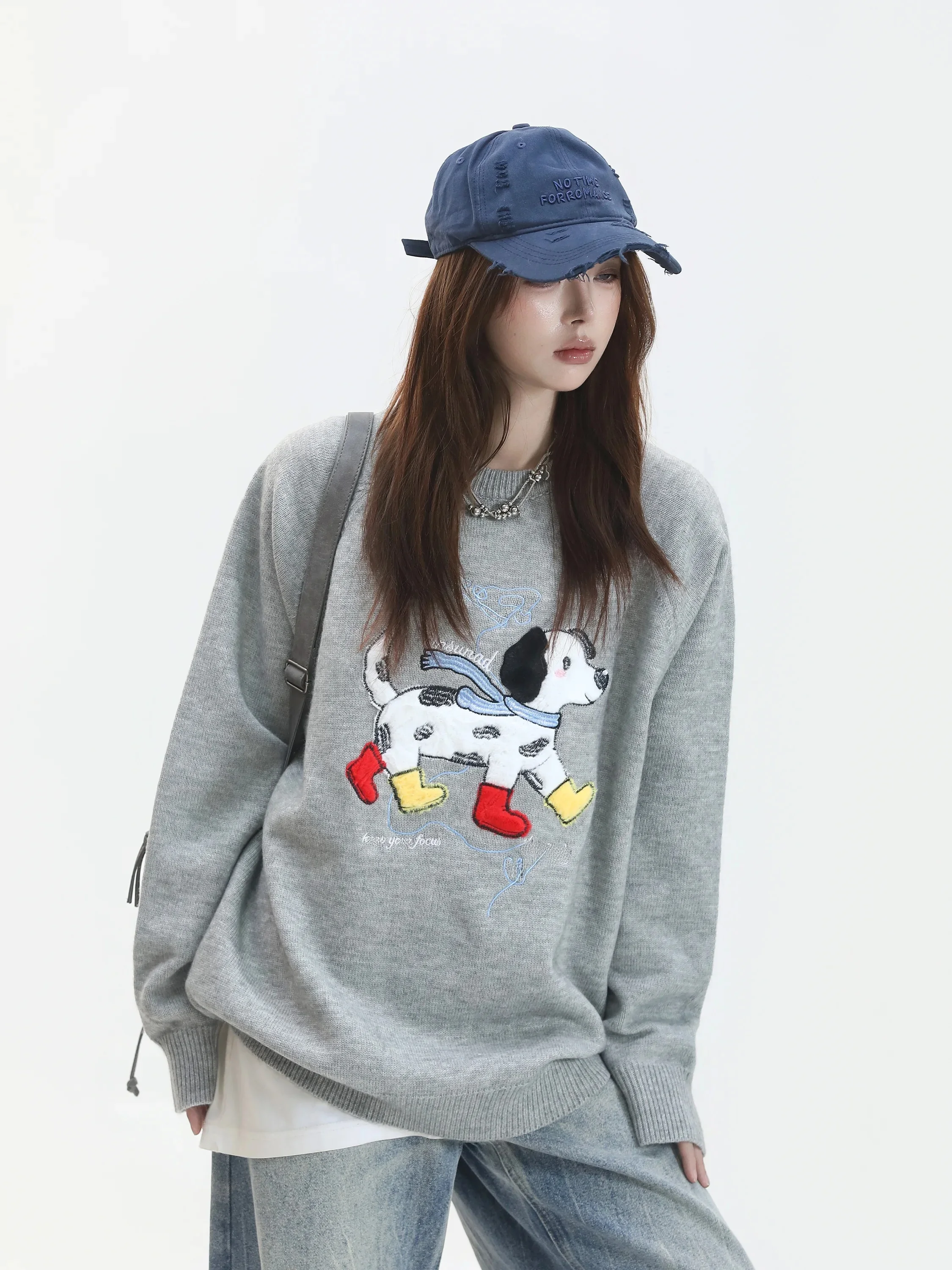 Autumn Atmosphere Doggies Patchwork Knitwear round Neck Korean Style Casual Loose Fit Long Sleeve Breathable Soft Polyester B...