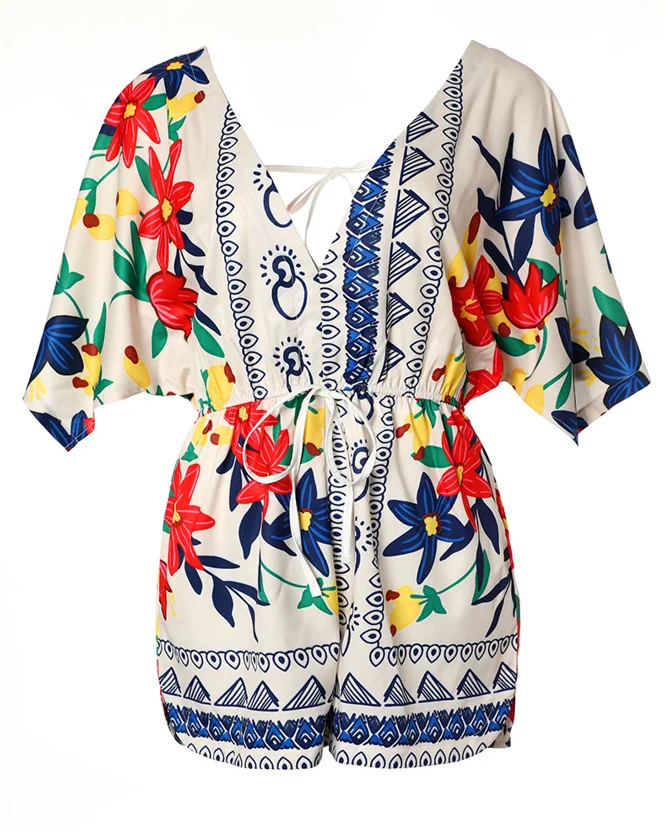 Jumpsuit Women 2025 Summer New Fashion Floral Print V-Neck Short Sleeved Casual Drawstring Lace-Up High Waist Daily Romper