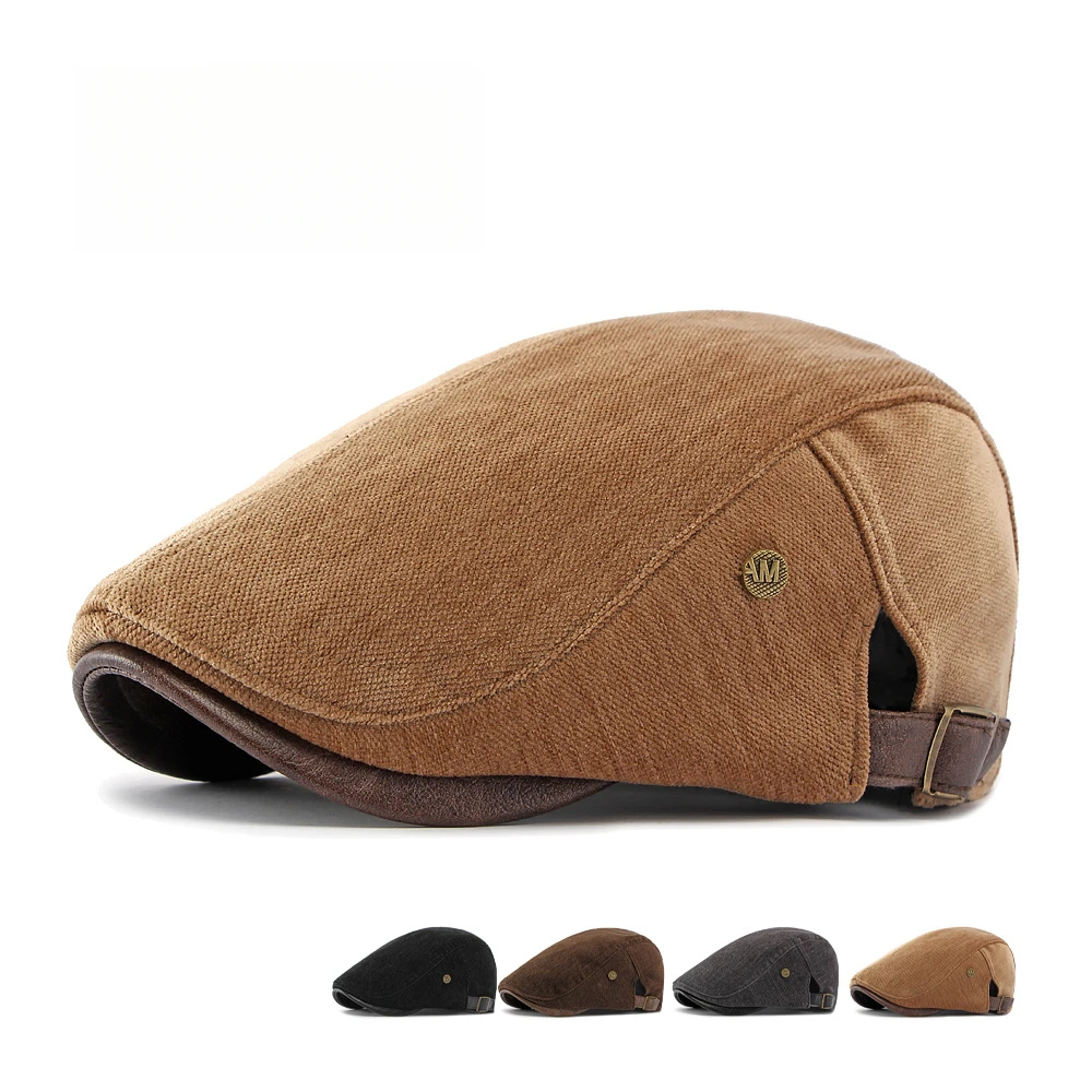Vintage Polyester Flat Cap for Men Leather Edge Ivy Caps British Style Newsboy Beret Hat Male Adjustable Driving Golf Duckbill