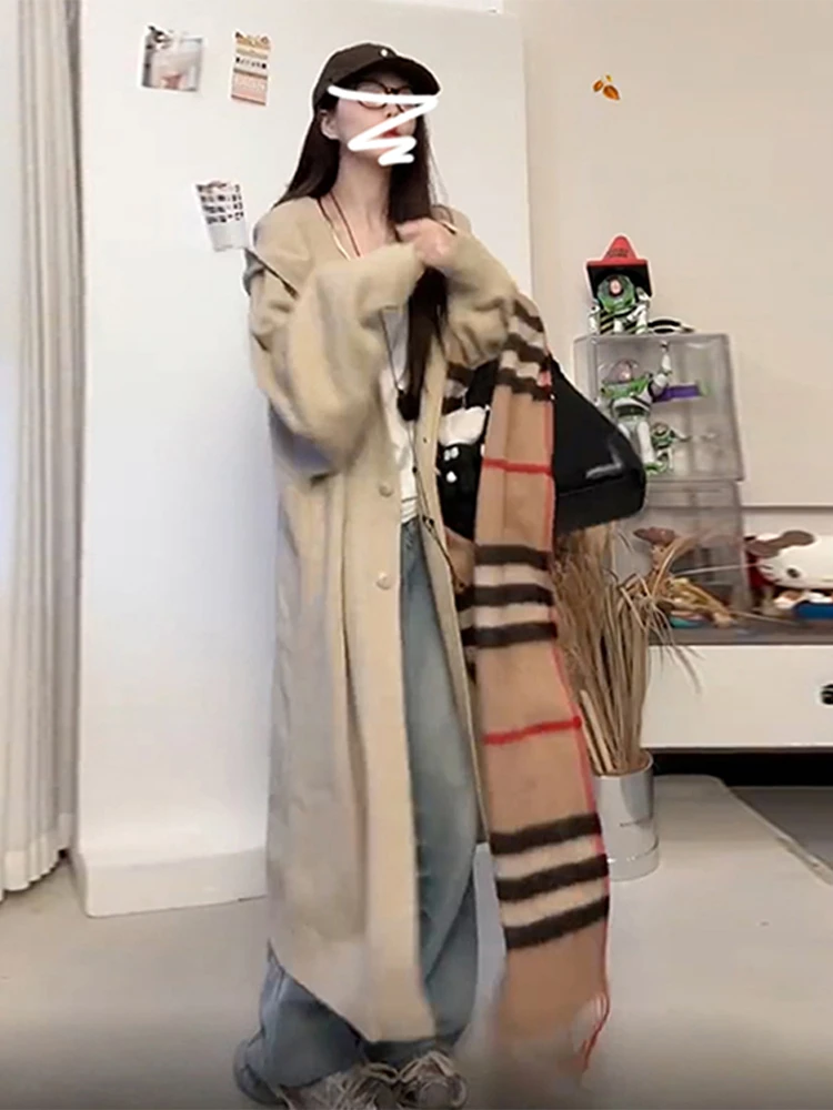 

Новый вязаный кардиган-пальто 2026 года с капюшоном, свободного кроя, средней длины, в корейском стиле, для женщин, на раннюю осень