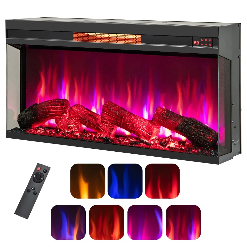 36 Inch 3-Sided Electric Fireplace, 1500W Recessed Fireplace Insert with 7-Color Flame & 9H Timer & Thermostat Control