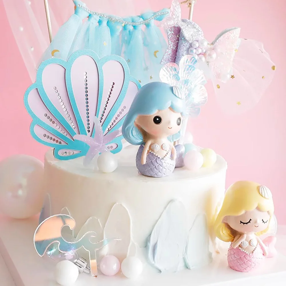 Ocean Themed Mermaid Cake Topper Decorates Cakes and Cupcakes for Girls Birthday Baby Shower and Themed Party Scene Arrangement view 3