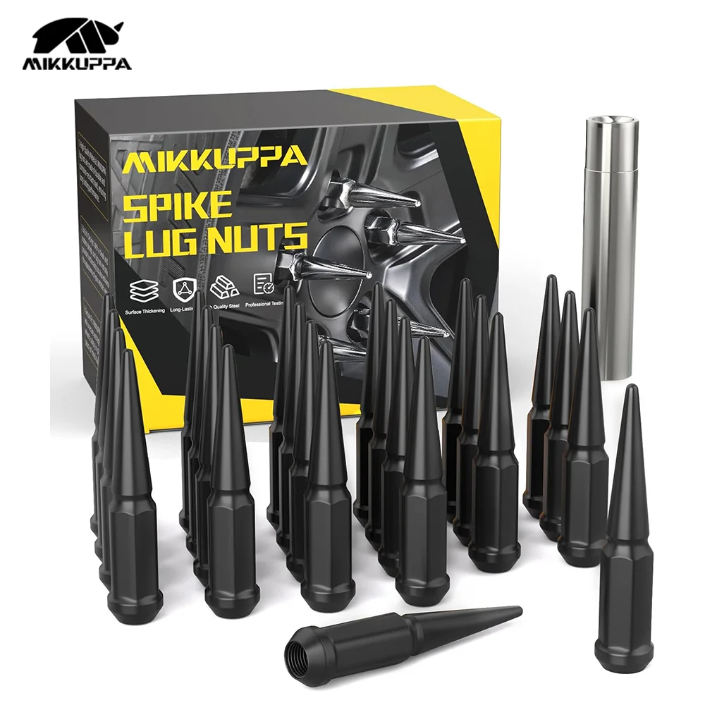 MIKKUPPA 24PCS M14×1.5 Wheel Spike Lug Nuts, Cone/Conical Bulge Seat, Black Closed End Nuts with1 Socket Key