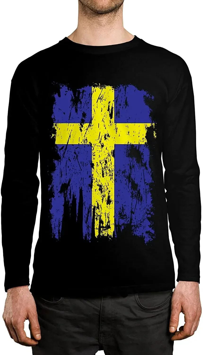Distressed Sweden Flag Men's Long Sleeve T-Shirt Full Casual 100% Cotton Men Clothing