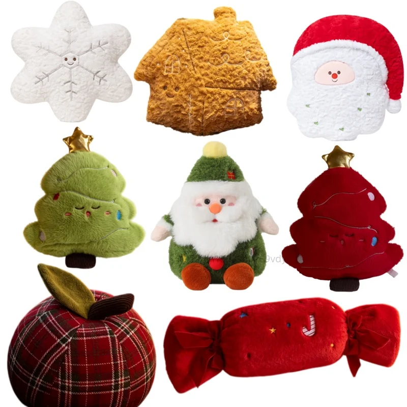 Ensemble de coussins décoratifs en peluche sur le thème de Noël, mignons et doux, en forme de bougie, maison en pain d'épices, flocon de neige, couronne, Père Noël, cadeaux de Noël