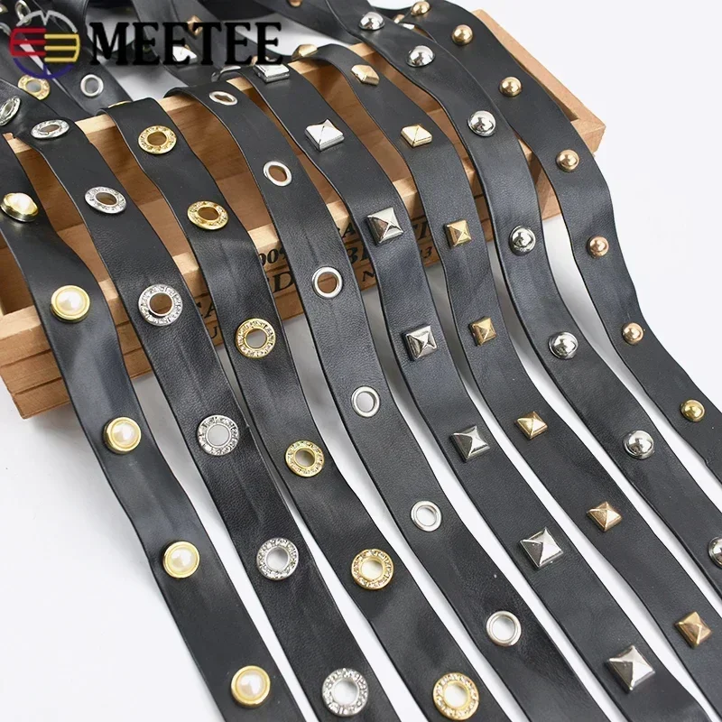 4/10M 1/2cm PU Leather Eyelets Band Ribbons Punk Rivets Rope Bags Strap Collar Decor Lace Tape DIY Clothing Material Accessories