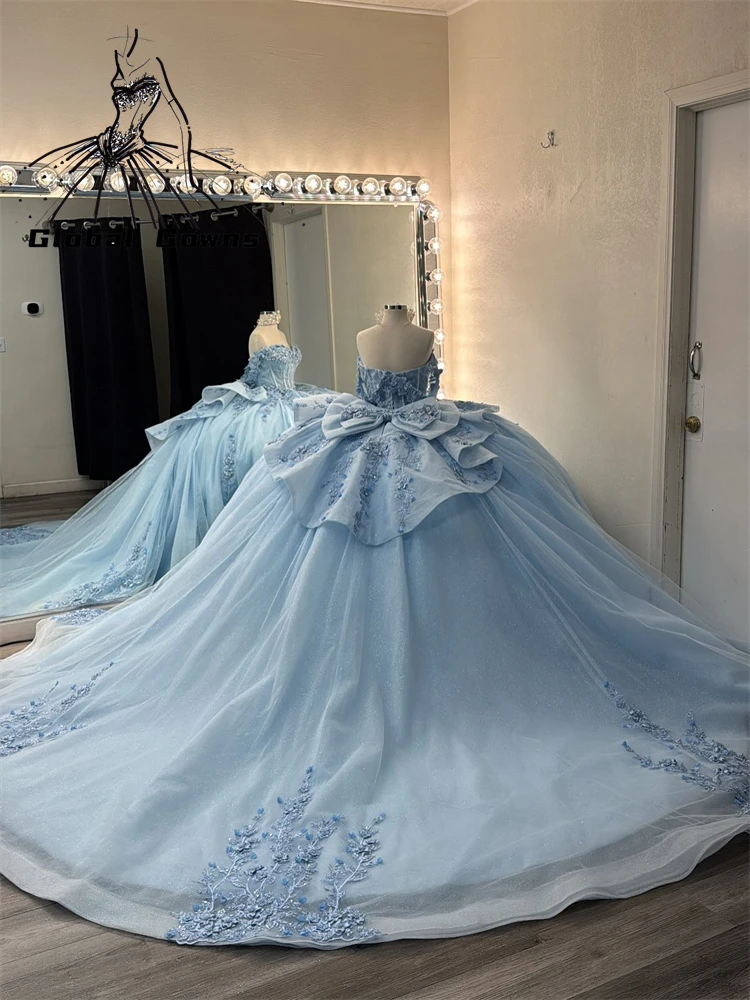

Glittering Light Blue Quinceanera Dresses Big Bow Beading Lace Gorgeous Crystal Vestidos De 15 Anos Off-Shoulder