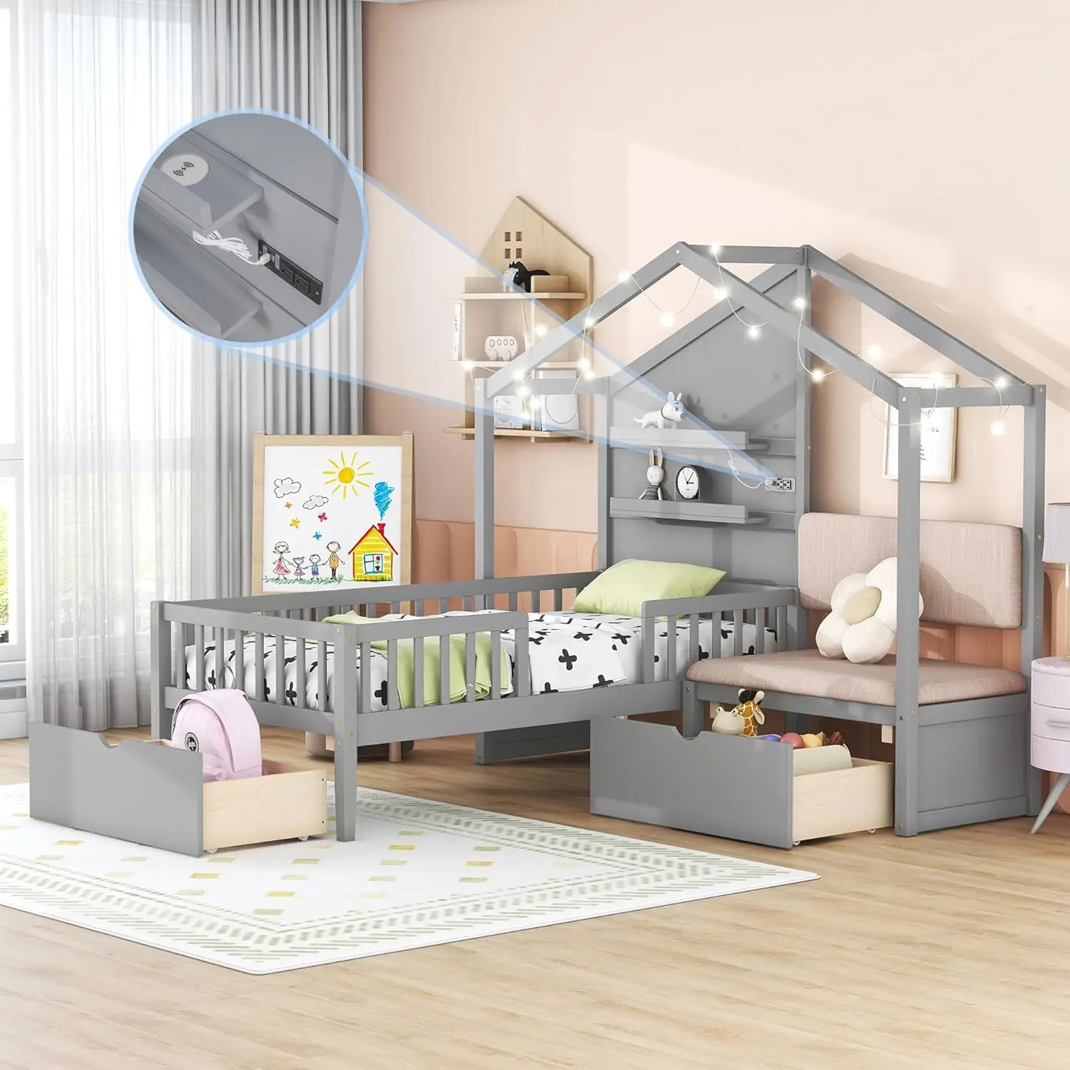 Harper & Bright Designs Struttura letto per bambini con divano imbottito, 2 cassetti e stazione di ricarica, letto Montessori in legno