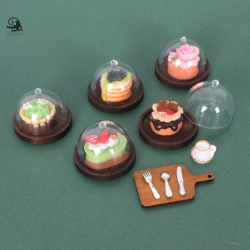 8 pçs/set diy acessórios casa de bonecas café bolo em miniatura bandeja de madeira com capa sobremesa expositor cozinha modelo decoração brinquedo