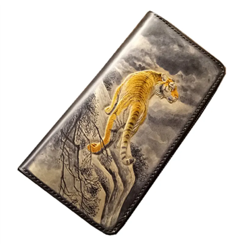 

Handmade Wallets Carving Ink Painting Works Tiger Purses Men Clutch Vegetable Tanned Leather Wallet Card Holder