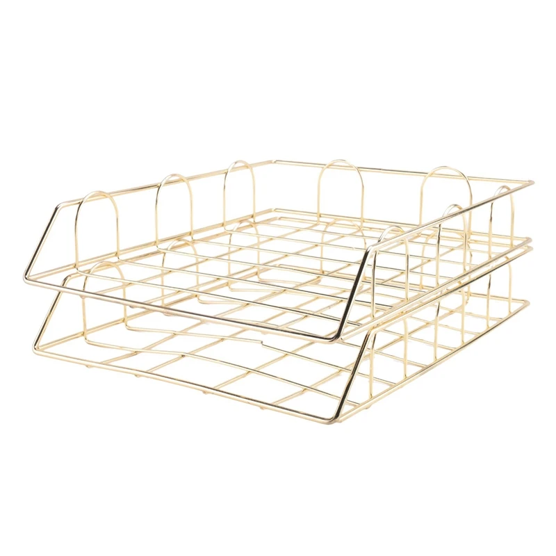 Office Supplies Metal Stackable File ID Tray Storage Box, Desk, Gold