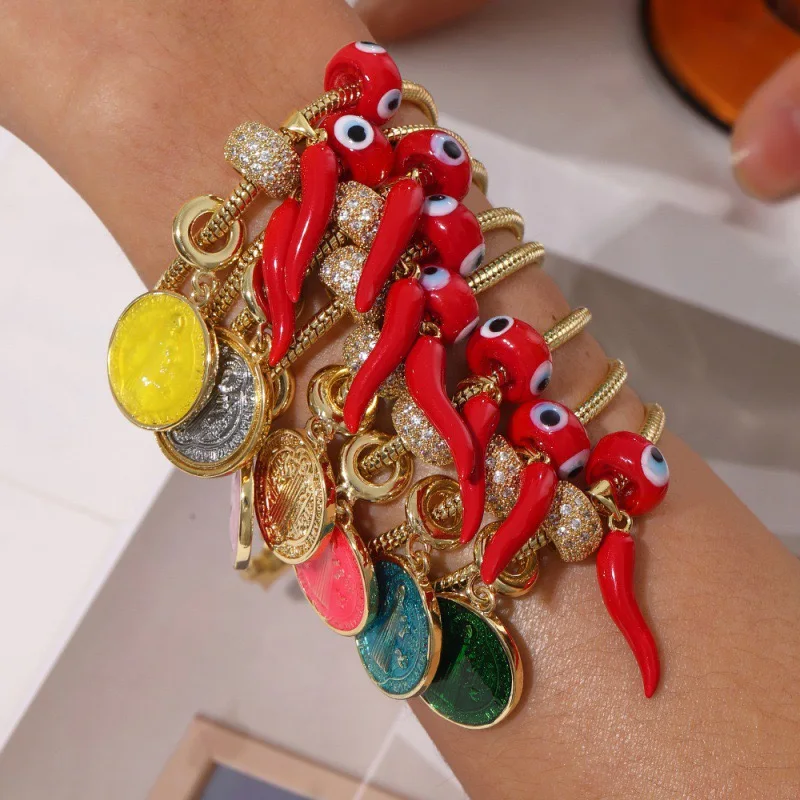 5pcs, St. Benedict Bangle Medal Religious Snake Chain Bracelet with Chilli