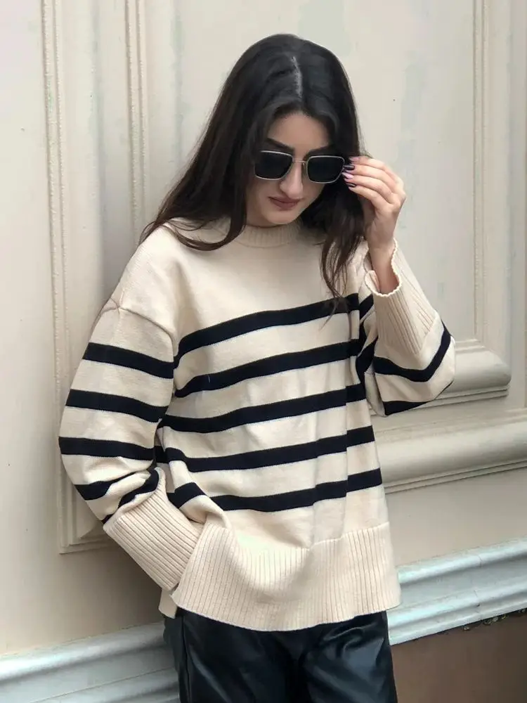 Autumn Winter Basic Sweater Women Long Sleeve O-Neck Pullovers Oversized Loose Striped Casual Jumper Tops Women 2025 New Sweater