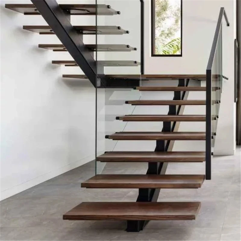 Top Den Handrails Solid White Oak Carbon Steel Single Stringer Stairs