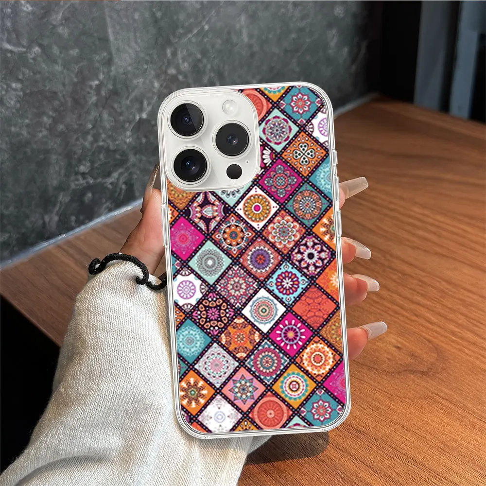 Fashion Mandala Flower Totem Phone Case for iPhone 11 12 13 14 15 16 Max Pro Plus Transparent Soft Shell