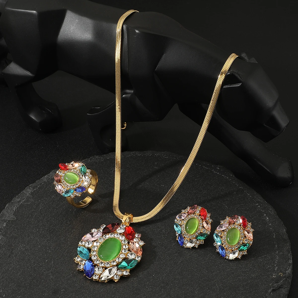 Luxury Women Cat’s Eye New Design Ring+ Necklace +Earrings Zircon micropaved high quality non-fading golden Ladies Jewelry Set