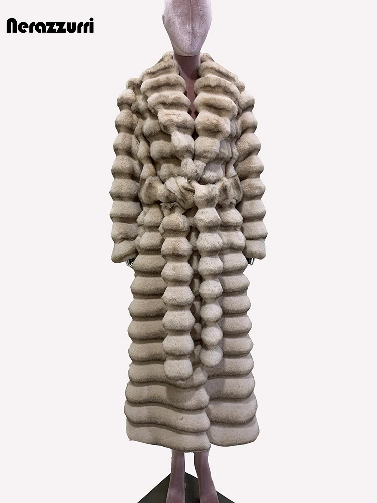 Nerazzurri Winter Long Striped Thick Warm Fluffy Faux Chinchilla Fur Coat Women Shawl Collar Elegant Chic Luxury Furry Overcoat