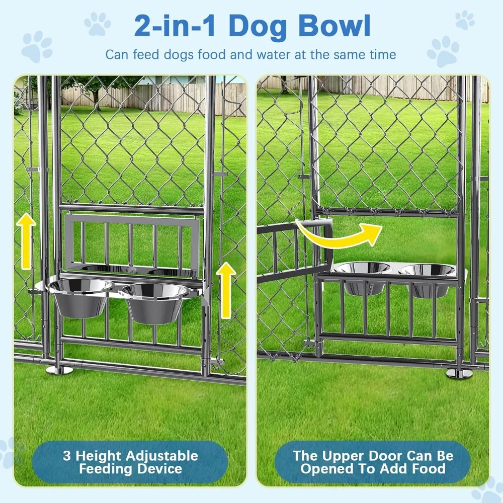 Canil ao ar livre resistente com tampa, Cadeia exterior Link Playpen para cão grande, Tigelas, 10x10x7ft