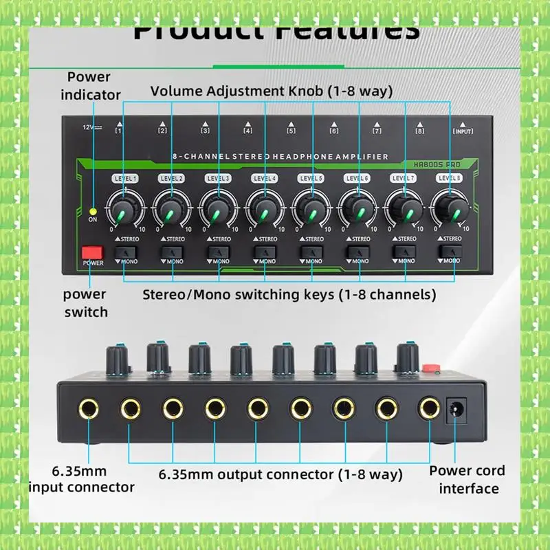 8-Kanal-Mini-Stereo-Kopfhörerverstärker HA800S PRO Ultrakompakter Audioverstärker mit Netzteil