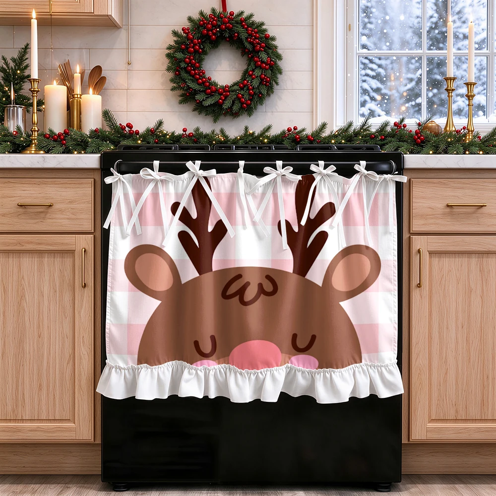 1PC lace up kitchen curtain, ruffled hem, 2D flat Pink Plaid Fawn pattern, cabinet cover curtain, Christmas home decoration