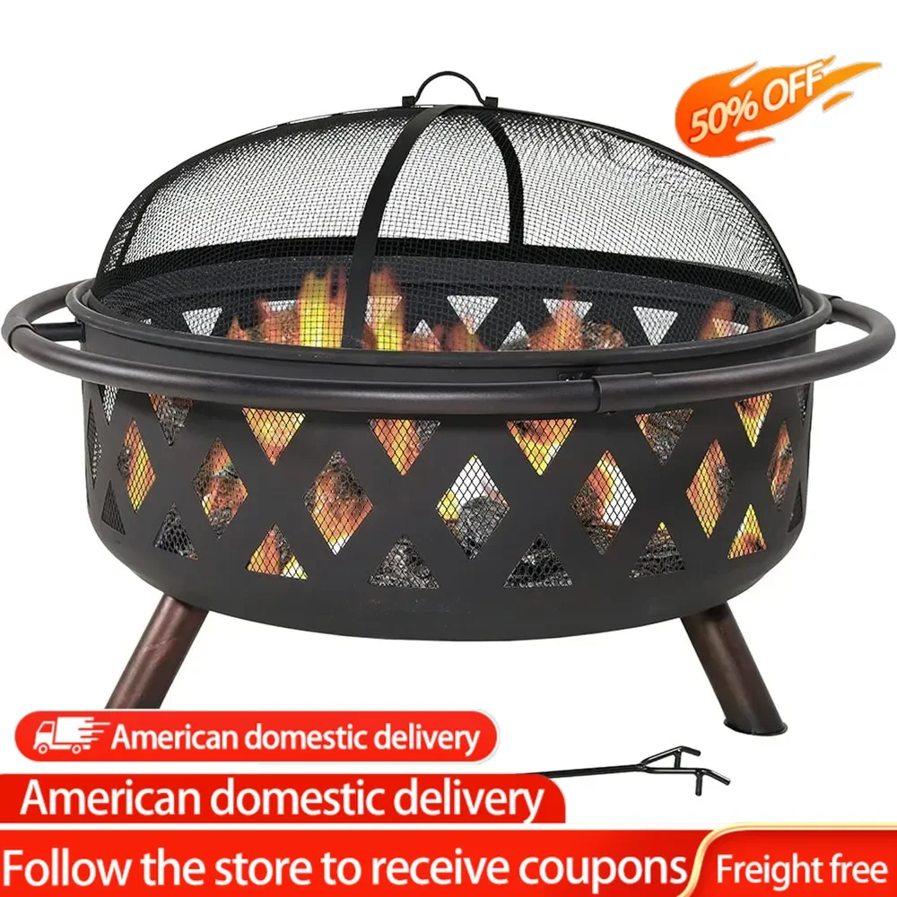 Black Crossweave Steel Wood-Burning Outdoor Fire Pit - Includes Spark Screen, Poker and Cover - 36-Inch Round