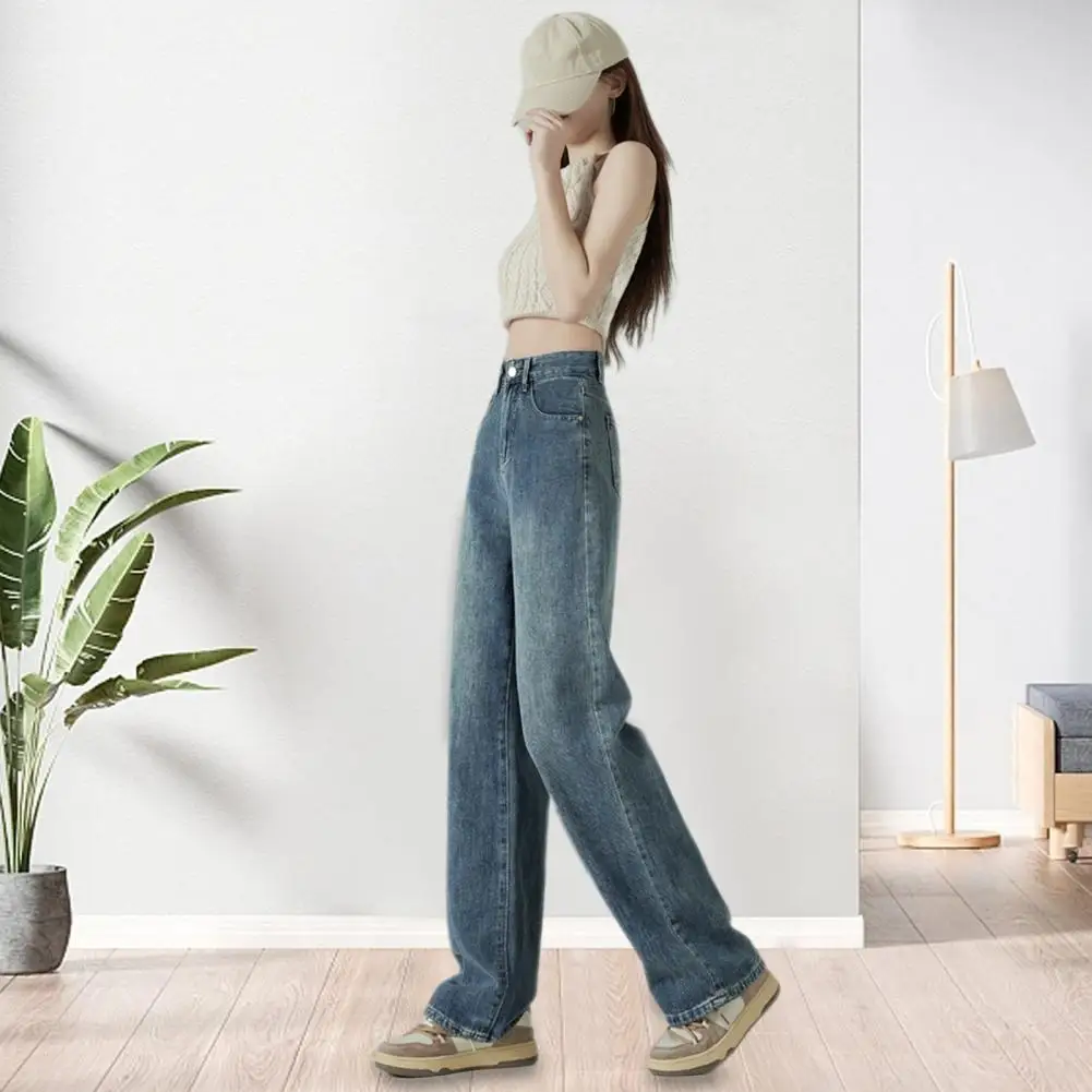 

Women Jeans High Waist Retro Straight Wide Leg Trousers Gradient Color Loose Pockets Full Length Streetwear Long Pants 여성용 청바지