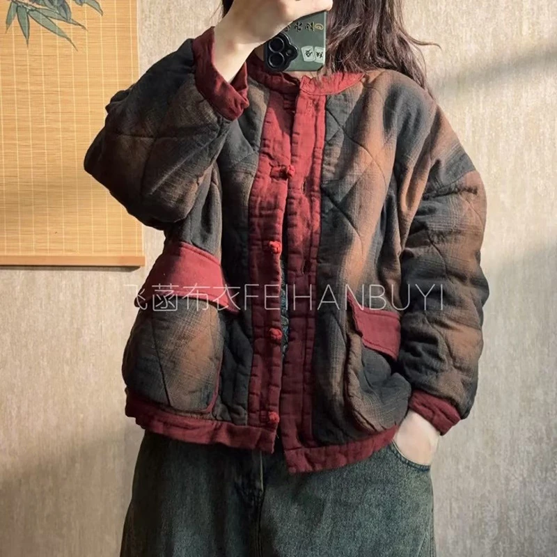 

Новое поступление 2025, зимние женские карманные лоскутные однобортные парки с принтом тай-дай, хлопковые утолщенные повседневные пальто с длинными рукавами F94