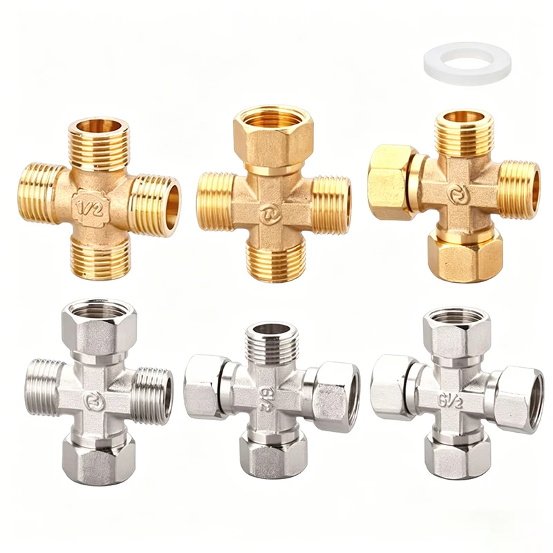 

Copper Cross Joint 1/2" BSP Female Male Thread One In Three Out Four-Way Movable Joint Water Pipe Fittings