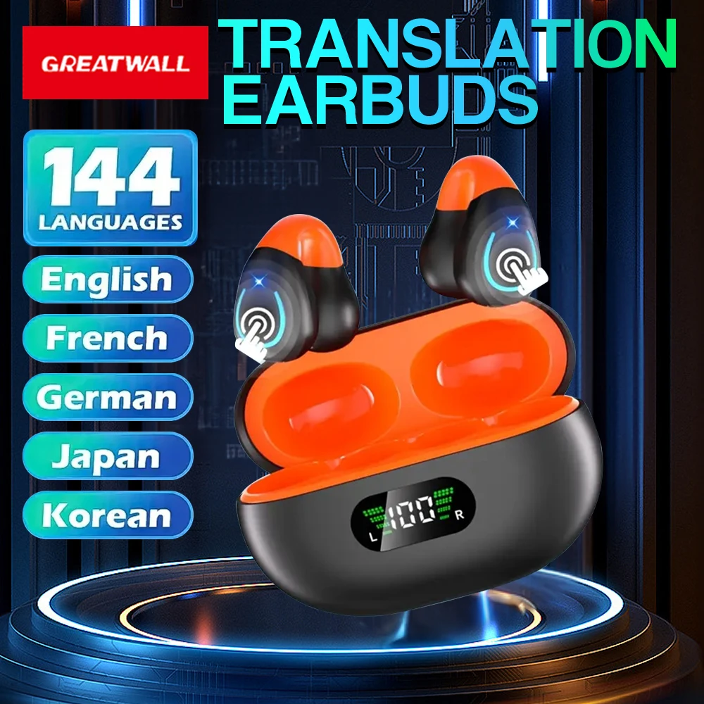 GREATWALL AI Translation Earphones, Ear clip sports headphones, high-definition calls without delay，Translatable  144 languages