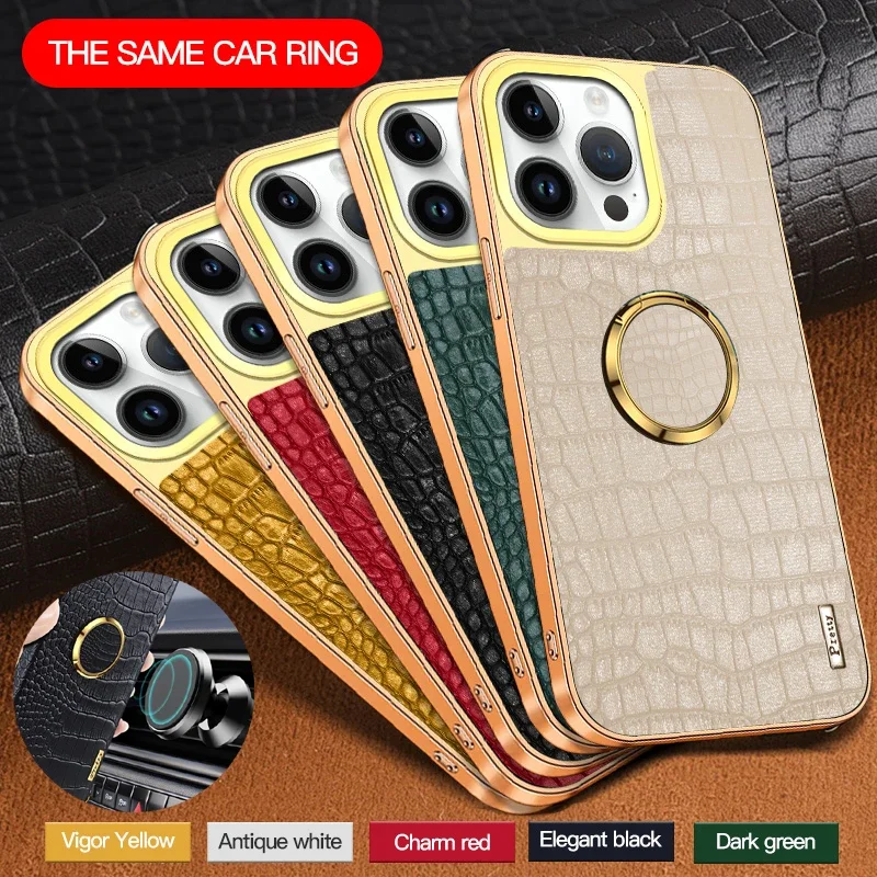 For IPhone 16 Pro Max 16E Crocodile PU Leather Soft Case Shockproof Magnetic Kickstand Ring Holder Silicone Cover Phone Cases
