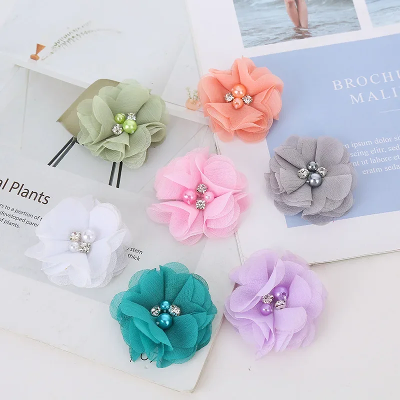 10PCS Pearl Rhinestone Chiffon flowers Hair Accessories DIY Flower Bouquet Flowers Decorations No Hair clips for headband