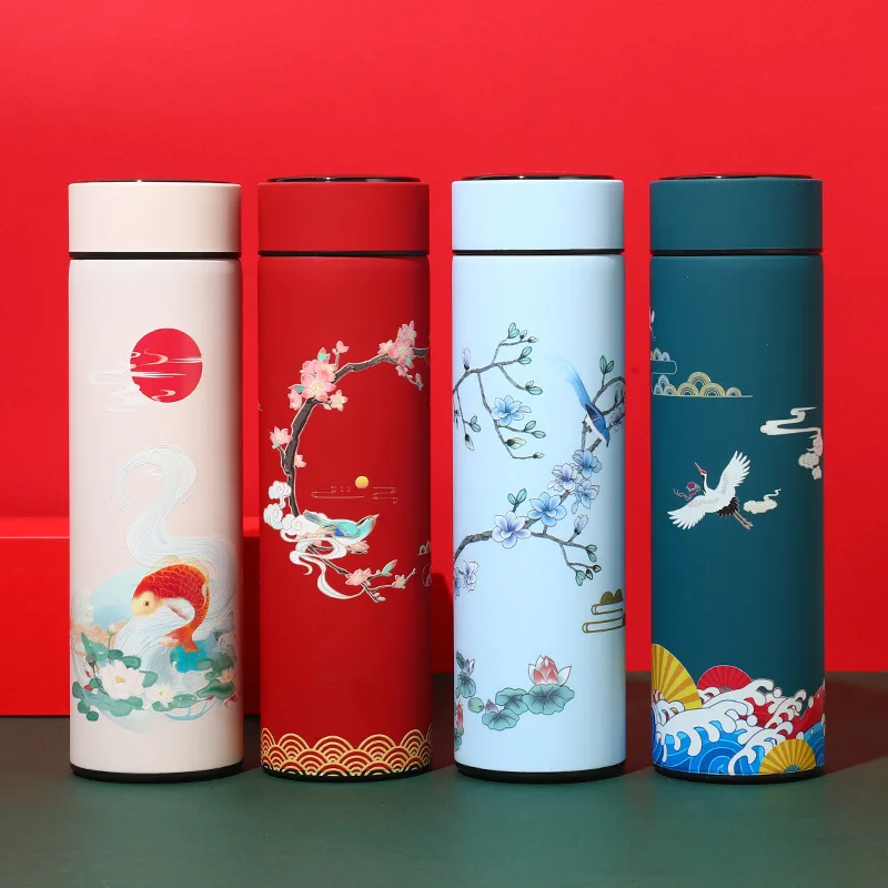 Thermal Mug Water Bottle Thermos Chinese Style Ins Illustration Vacuum Flask Stainless Steel Display Temperature Water Cup