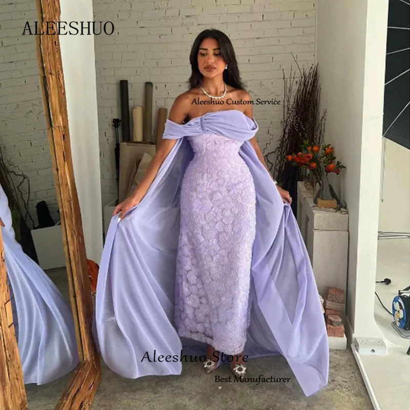 Aleeshuo Tüll lange Ballkleider von der Schulter Falten 3d Blumen arabische Frauen Abendkleider formelle Party kleid boden lang